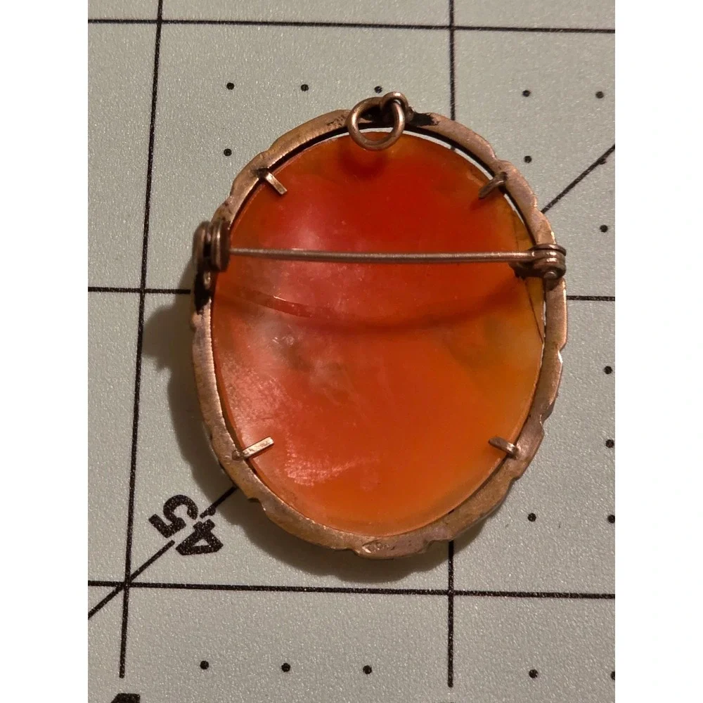 Vintage 800 Silver‎ Carnelian Shell Cameo Brooch Pendant Marcasite Scalloped